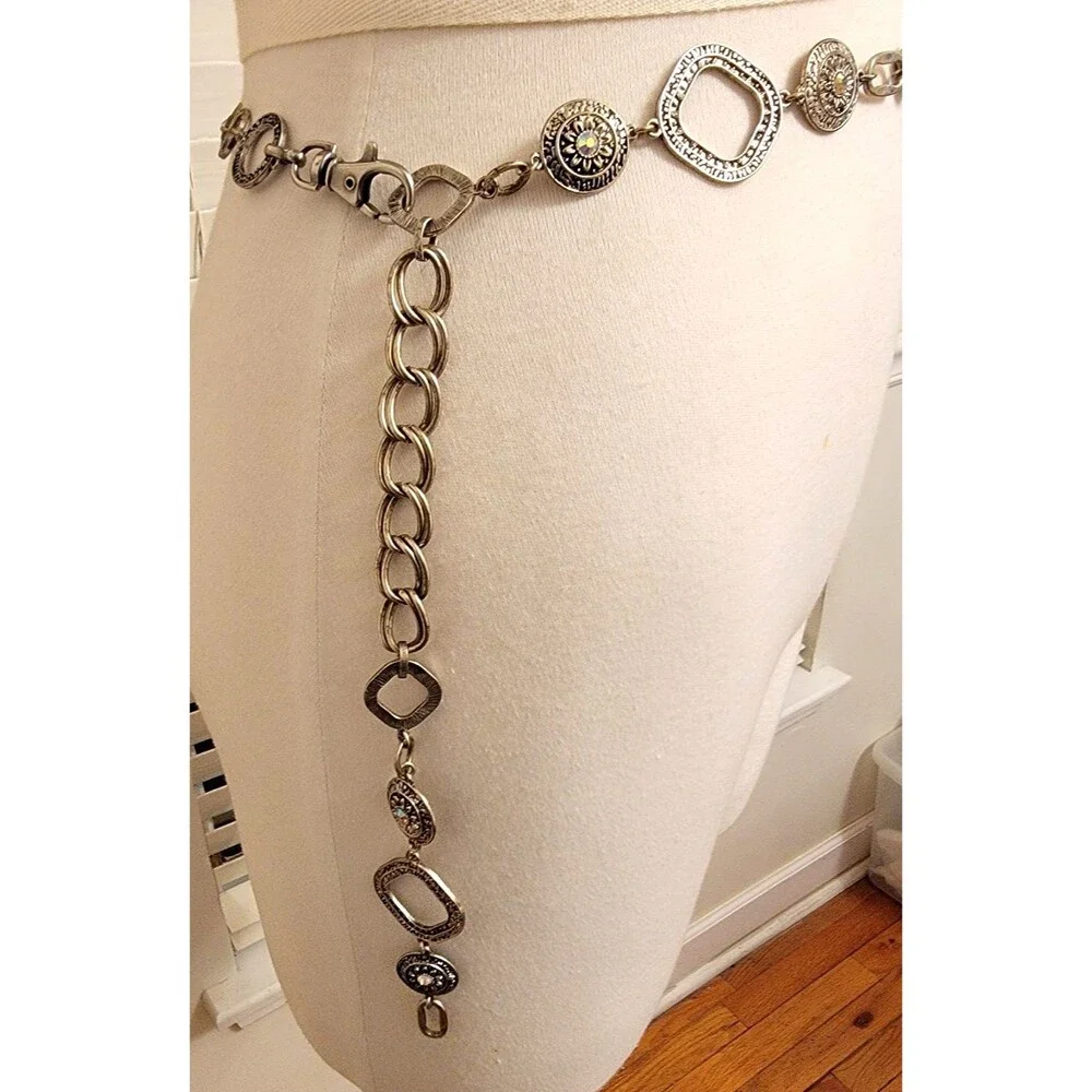 Ruby Rd. Chain Statement Belt Women’s AB Rhinestone Flowers Silver Tone Vintage